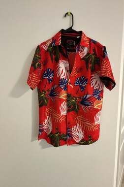 Silver Stone Collection Red Tropical Leaf Print Modern Fit Button-Down Shirt Siz